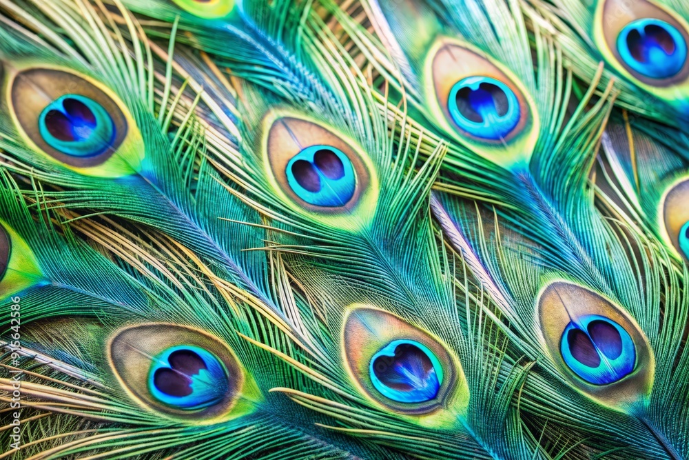 Fototapeta premium Vibrant close-up of intricate peacock feather pattern with shimmering blues and greens, showcasing iridescent eyespots and delicate barbs on a soft, white background.