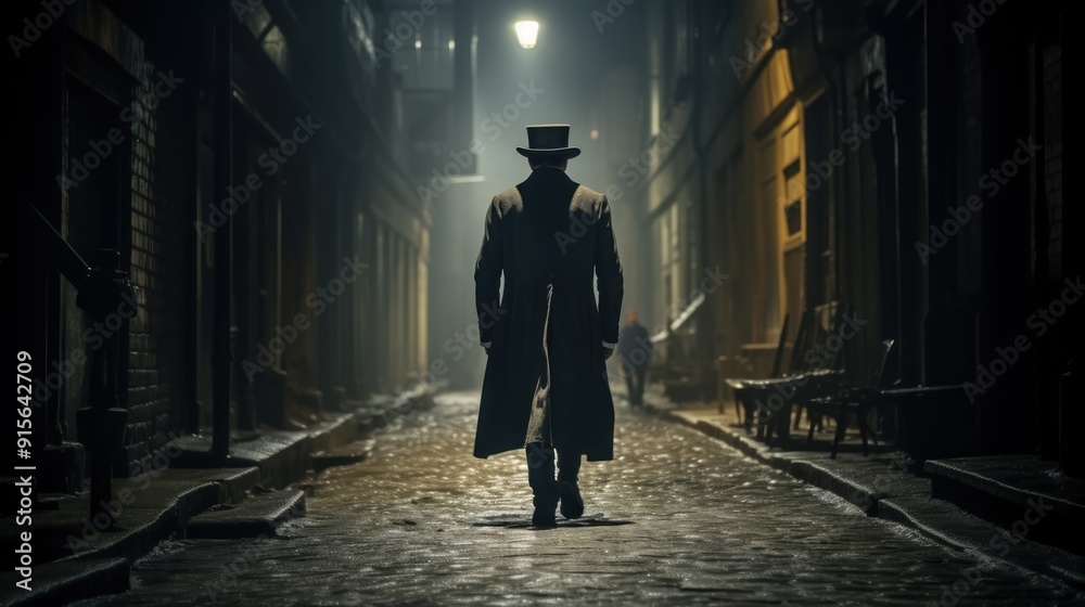 Mysterious Figure Walking Through a Foggy Alleyway Mysterious Figure Walking Through a Foggy Alleyway