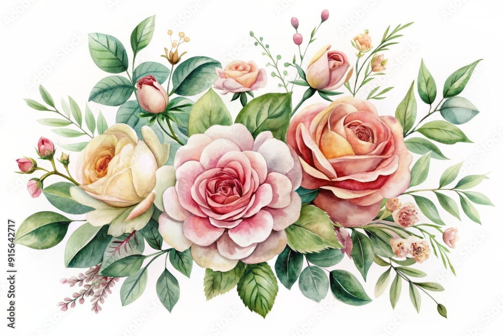 Delicate watercolor rose arrangements and intricate botanical illustrations of lush greenery and flowers are beautifully isolated on a crisp white background. Delicate watercolor rose arrangements and intricate botanical illustrations of lush greenery and flowers are beautifully isolated on a crisp white background.