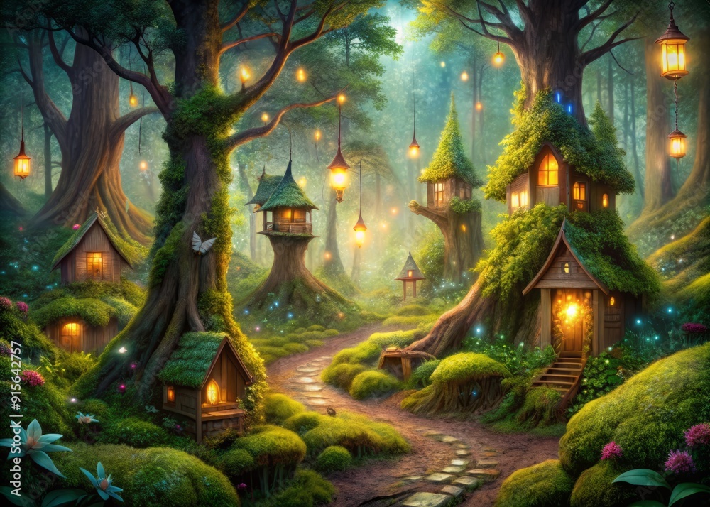 Whimsical fantasy forest with ancient moss-covered trees, luminescent plants, and sparkling fairy lights surrounding charming cottages, amidst fluttering butterflies and twinkling fireflies. Whimsical fantasy forest with ancient moss-covered trees, luminescent plants, and sparkling fairy lights surrounding charming cottages, amidst fluttering butterflies and twinkling fireflies.