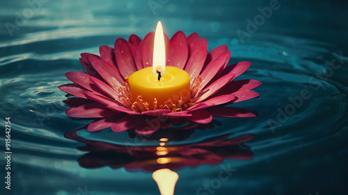 Calming Water Reflections with Candles Ai photo