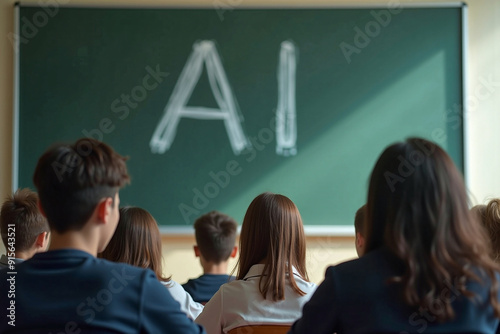 High school, college students sitting in a classroom learning about artificial intelligence as part of their curriculum subject. AI classes being taught in schools, educating for the future.