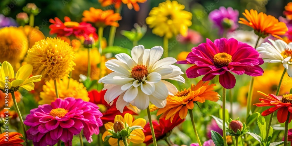 Vibrant summer flowers bloom in a colorful garden, showcasing bright yellows, oranges, pinks, and whites, set against a soft, natural green foliage background. Vibrant summer flowers bloom in a colorful garden, showcasing bright yellows, oranges, pinks, and whites, set against a soft, natural green foliage background.