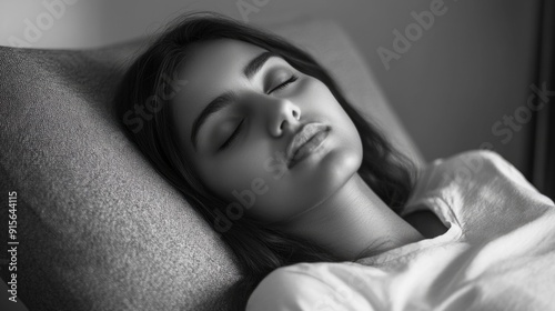 A person resting on a sofa with their eyes shut