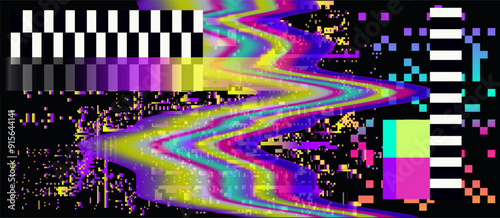 Retrofuturistic abstract background with pixelated glitches and ambient light leak effects.