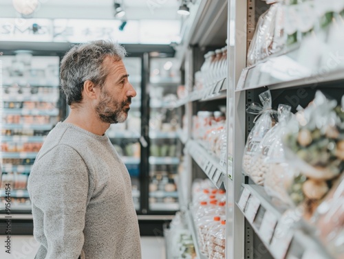 Middle-aged Caucasian Man in Grocery Store, Inspecting Product Labels, Noticing Shrinkflation and Skimpflation, Natural Lighting, Detailed Analysis, Midday Shopping photo