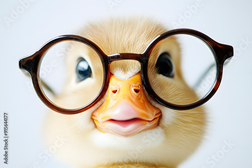 Closeup cute duck face with round glasses isolated on a white background photo