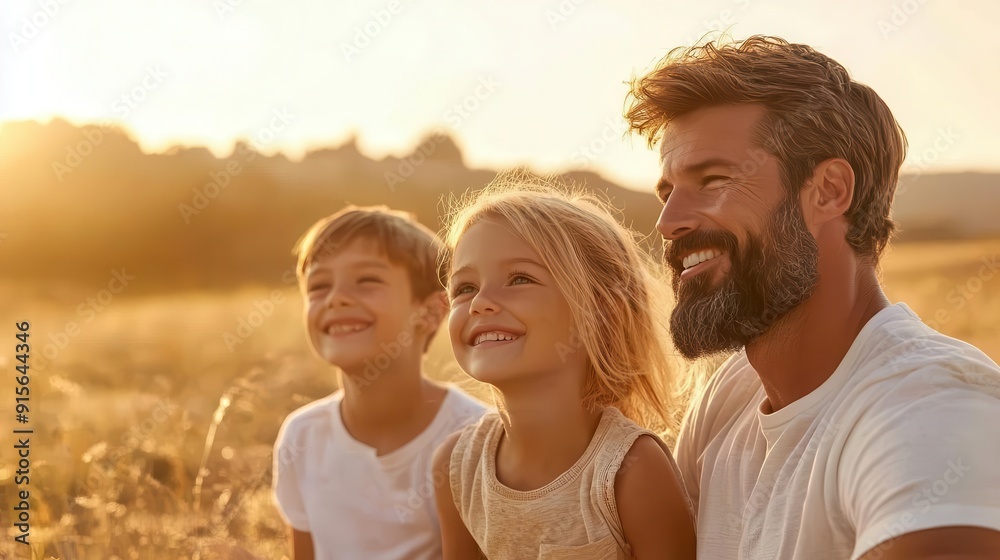 Fototapeta premium A joyful father and his children enjoying a sunset in a golden field, capturing moments of happiness and family bonding.