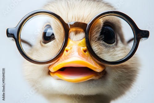 Closeup cute duck face with round glasses isolated on a white background photo