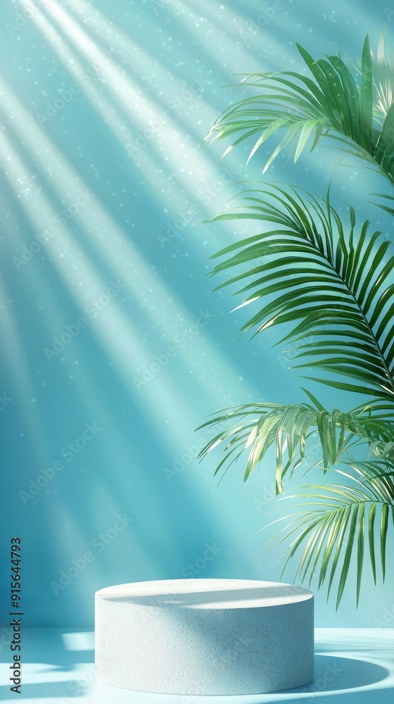 Dreamy E-Commerce Podium on Light Blue Background with Palm Leaves, Light Rays, and Bokeh Effects Dreamy E-Commerce Podium on Light Blue Background with Palm Leaves, Light Rays, and Bokeh Effects