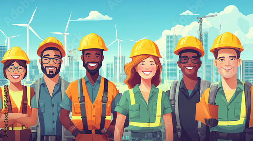 Cartoon-style illustration of diverse construction workers with helmets and hard hats, smiling against a cityscape with distant wind turbines. Features a green color palette, high resolution, and vibr