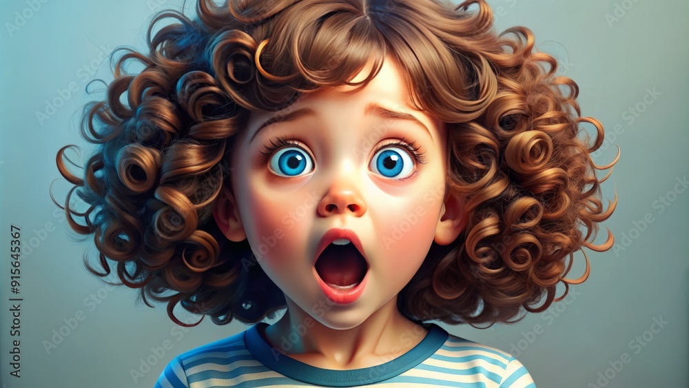 Adorable cartoon girl with bright blue eyes and curly brown hair, showcasing a comically exaggerated surprised expression with wide open mouth and raised eyebrows. Adorable cartoon girl with bright blue eyes and curly brown hair, showcasing a comically exaggerated surprised expression with wide open mouth and raised eyebrows.