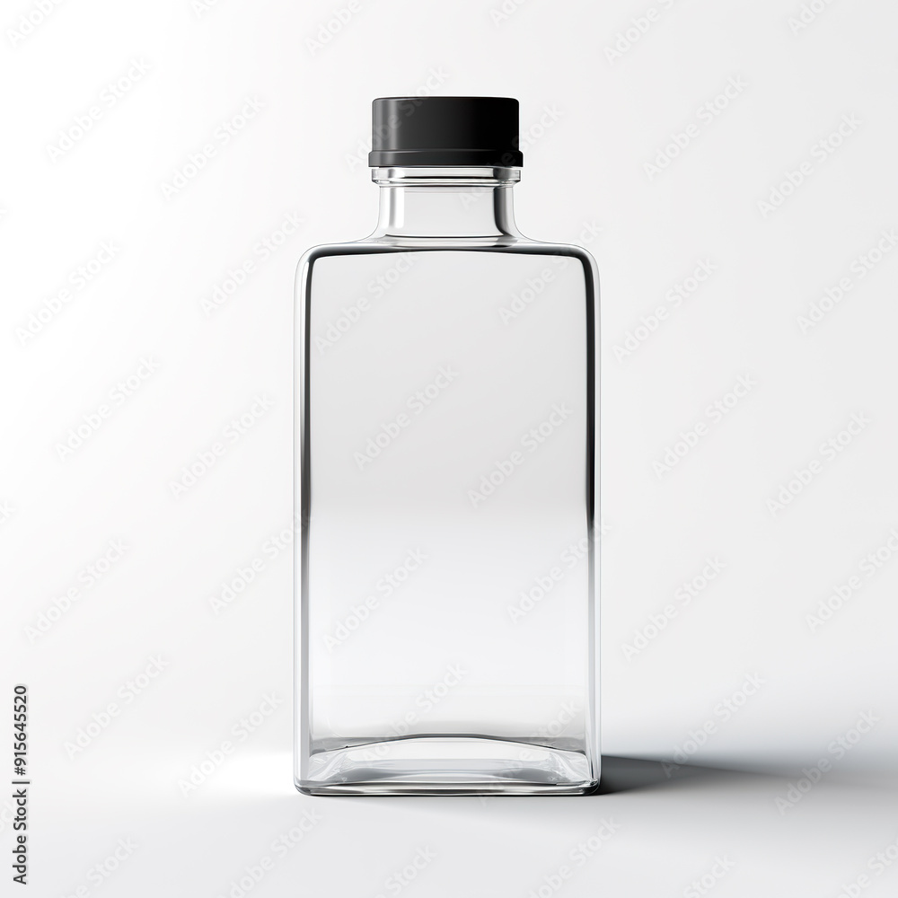 Clear Glass Bottle with Black Cap on White Background. Clear Glass Bottle with Black Cap on White Background.