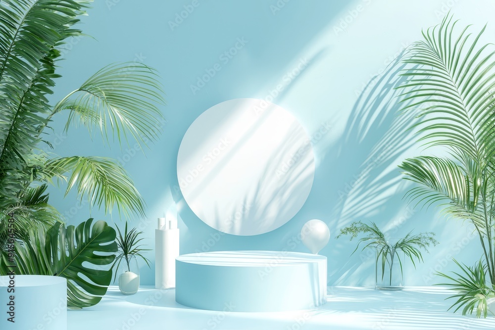 Tranquil Online Store Background with Palm Leaves, Podiums, and Soft Light Effects for Skincare Products Presentation Tranquil Online Store Background with Palm Leaves, Podiums, and Soft Light Effects for Skincare Products Presentation