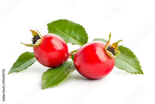 Rose hips with leaves isolated on a white background
