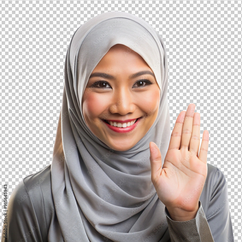 asian muslim woman greeting hand pose smiling asian muslim woman greeting hand pose smiling
