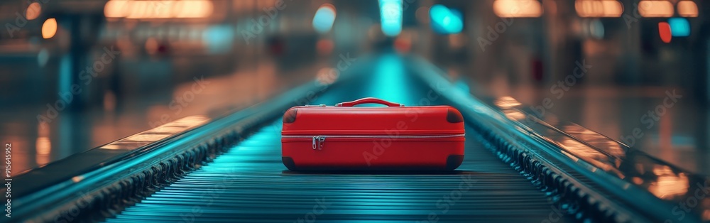 Red Luggage on Conveyor Belt in Modern Airport Red Luggage on Conveyor Belt in Modern Airport