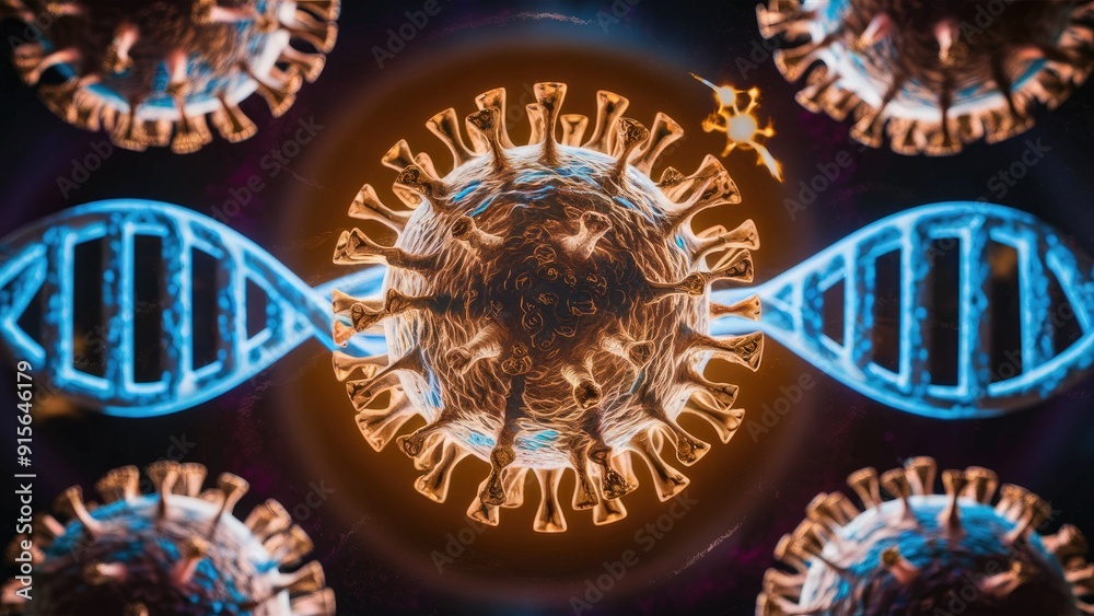 3D Illustration of Coronavirus COVID19 and DNA Chain Structure with Copy Space for Scientific Concepts 3D Illustration of Coronavirus COVID19 and DNA Chain Structure with Copy Space for Scientific Concepts