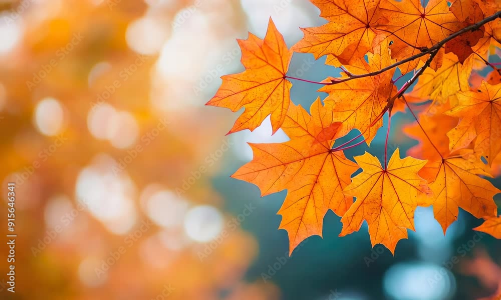 Vibrant orange autumn leaves on tree branch with blurred background