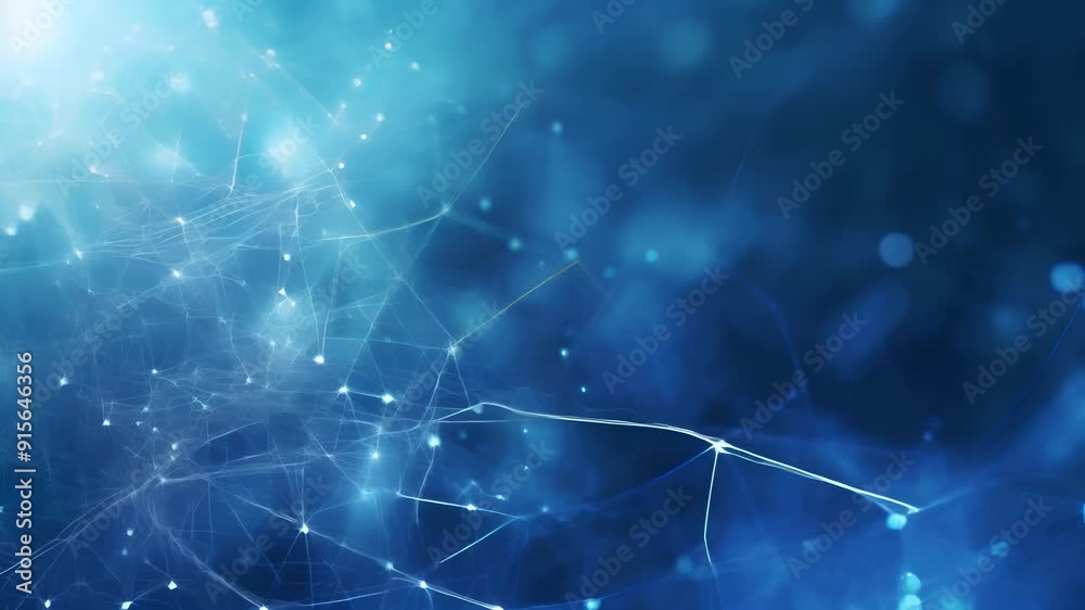 video of abstract representation of digital network, featuring matrix of interconnected points and lines glowing softly against deep blue background. technology, communication, digital networks