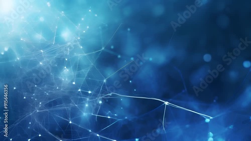 video of abstract representation of digital network, featuring matrix of interconnected points and lines glowing softly against deep blue background. technology, communication, digital networks