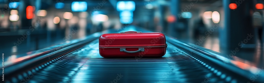 Red Luggage on Conveyor Belt in Modern Airport Red Luggage on Conveyor Belt in Modern Airport