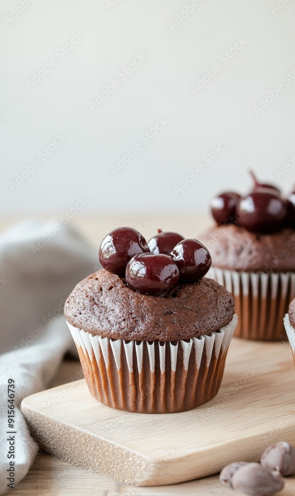 Rustic Morning Dessert Chocolate Muffin with Bright Red Cherry Topping on Wooden Table Background Rustic Morning Dessert Chocolate Muffin with Bright Red Cherry Topping on Wooden Table Background