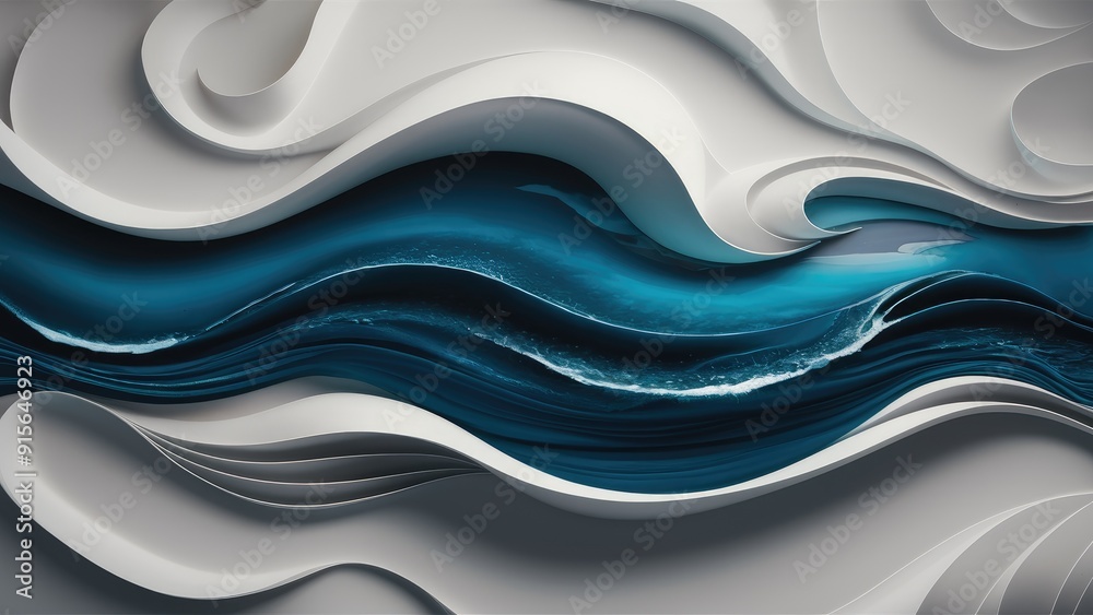 Fototapeta premium Elegant Oceanic Flow with a White Sophisticated Background Minimalistic Silk Backdrop Featuring Nautical Elements Deep Indigo Blue Horizon with Ethereal Sea Imagery Liquid Watercolo