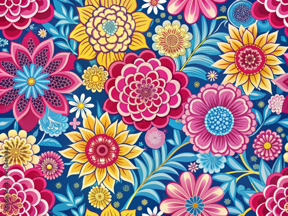 Vibrant stylized floral motifs in bold pink, blue, and yellow hues bloom in a seamless repeating pattern, reminiscent of Japanese manga-inspired illustrations. Vibrant stylized floral motifs in bold pink, blue, and yellow hues bloom in a seamless repeating pattern, reminiscent of Japanese manga-inspired illustrations.
