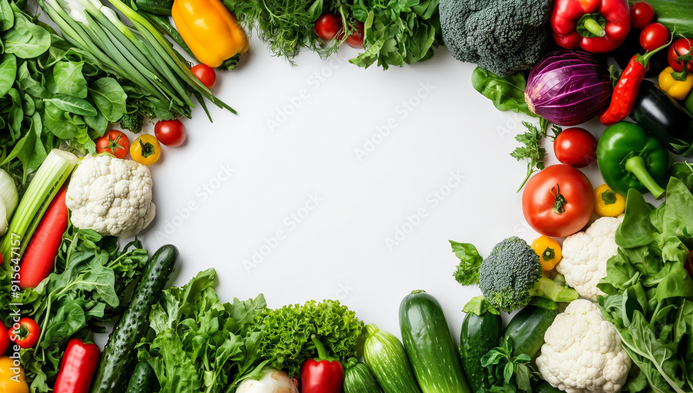 Food frame with assortment of fresh organic vegetables for balanced diet isolated on white background. Healthy food nutrition concept Food frame with assortment of fresh organic vegetables for balanced diet isolated on white background. Healthy food nutrition concept