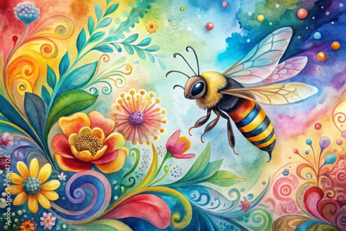 Vibrant watercolor artwork featuring a joyful flying bee hovering above a mesmerizing swirl of colorful abstract shapes and delicate floral patterns.