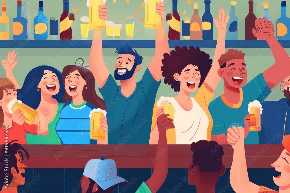 Friends celebrating at a lively bar with drinks in hand Friends celebrating at a lively bar with drinks in hand