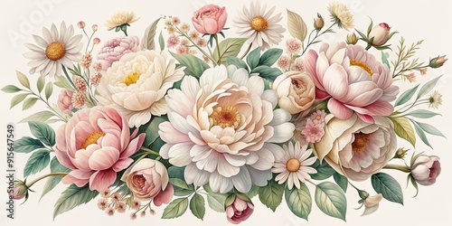 Delicate, intricately illustrated vintage floral arrangement featuring lush peonies, roses, and daisies in soft pastel hues on a creamy white background.