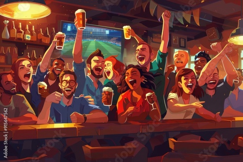 Illustration of friends celebrating with beer at a bar.