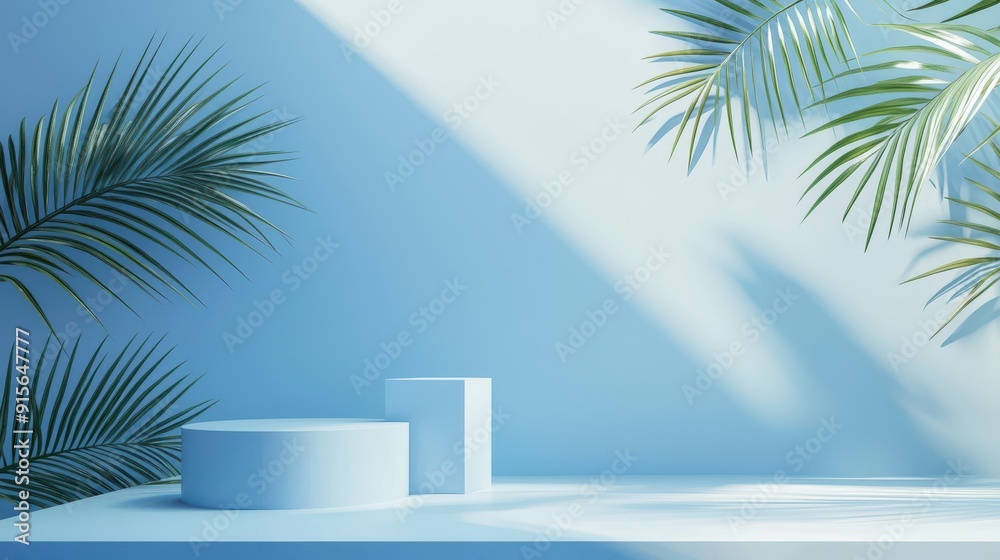 Blue background with soft white lighting, palm leaves, and minimalist podiums and geometric shapes, creating a fresh and airy feel for e-commerce banners Blue background with soft white lighting, palm leaves, and minimalist podiums and geometric shapes, creating a fresh and airy feel for e-commerce banners