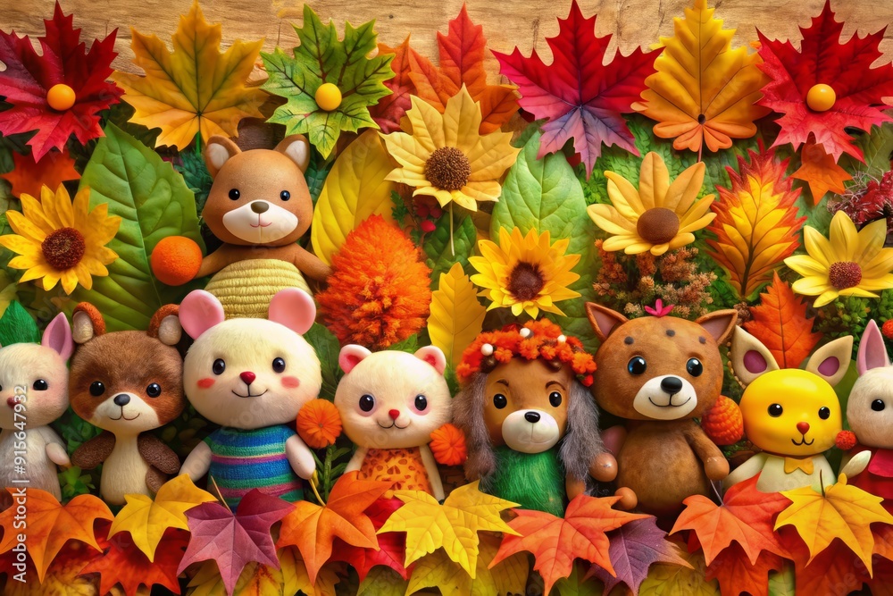 Vibrant arrangement of adorable animal characters, autumn leaves, flowers, and decorative patterns in colorful rows and sections, evoking a playful seasonal atmosphere. Vibrant arrangement of adorable animal characters, autumn leaves, flowers, and decorative patterns in colorful rows and sections, evoking a playful seasonal atmosphere.