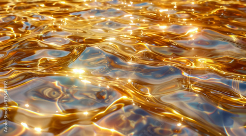 Surface water waves of sea with golden light tone, texture of glitter water and soft waves with sun glare and ripple.