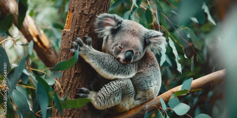 Fototapeta premium Adorable fluffy koala relaxing on an evergreen tree branch in the zoo