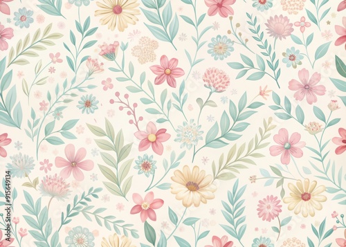 Delicate petals and leaves in soft pastel hues create a beautiful, intricate, and seamless floral pattern for a versatile background or wallpaper design element.