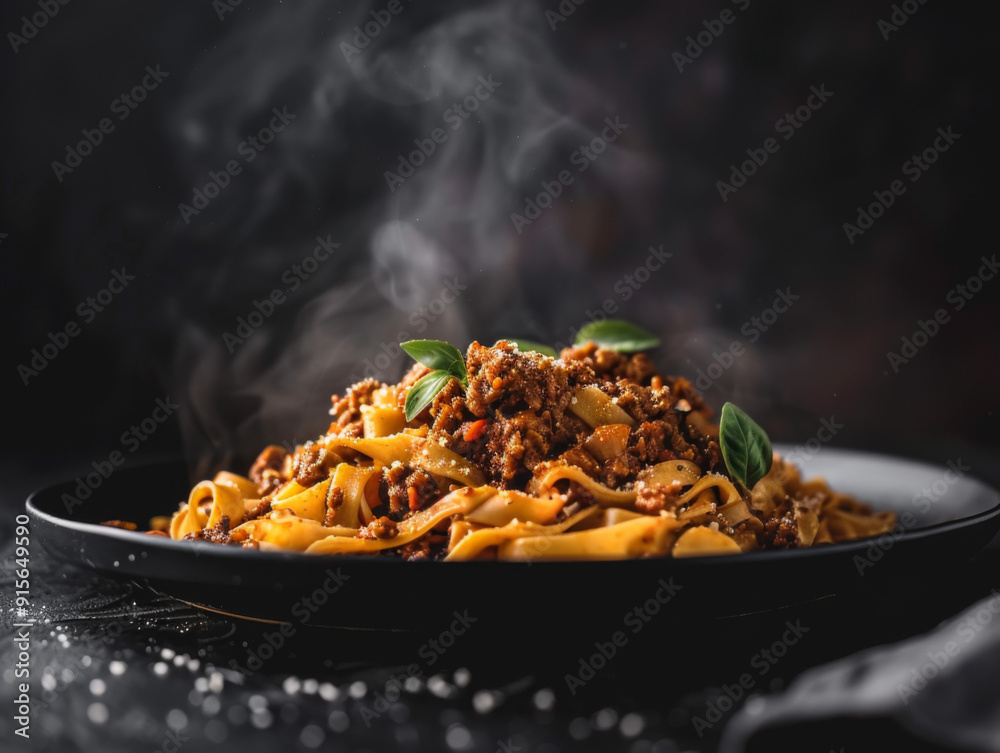 Steaming Plate of Fettuccine Bolognese with Fresh Basil Steaming Plate of Fettuccine Bolognese with Fresh Basil
