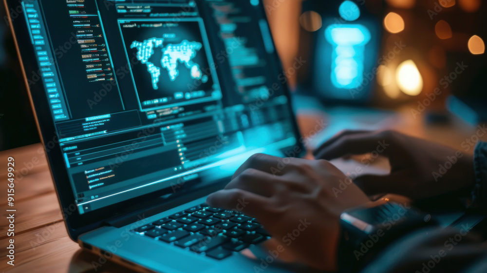 Cybersecurity software scanning a laptop for threats