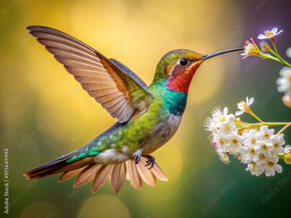 Fototapeta premium Vibrant hummingbird with iridescent feathers sips nectar from delicate white blooms, suspended in mid-air on a crystal-clear transparent background, exuding serenity and innocence.