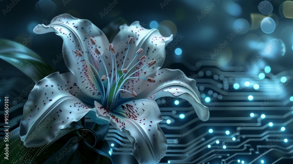 Obraz premium Techno-Lily Fusion: Symbolic Harmony of Technology and Nature.