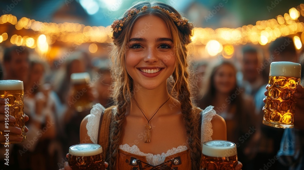 Germany holiday beer Oktoberfest festival. Beautiful blonde european woman dressed in traditional bavarian clothes holding a few large mugs of beer Germany holiday beer Oktoberfest festival. Beautiful blonde european woman dressed in traditional bavarian clothes holding a few large mugs of beer