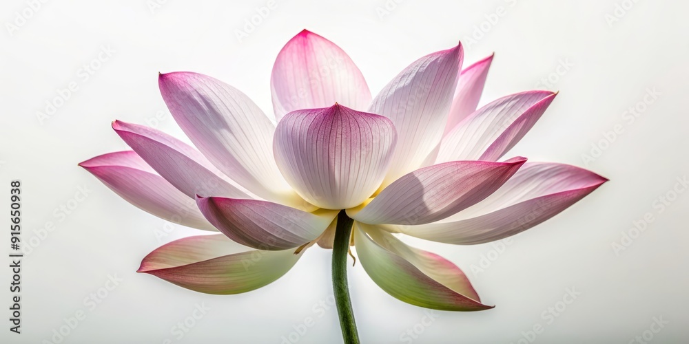 Fototapeta premium Delicate petals of a serene lotus flower unfurl against a pristine white backdrop, exuding elegance and tranquility in this beautifully minimalist botanical portrait.