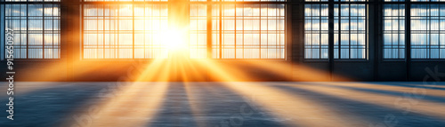 A stunning glow of sunlight streaming through large windows  creating dramatic shadows in an empty space.