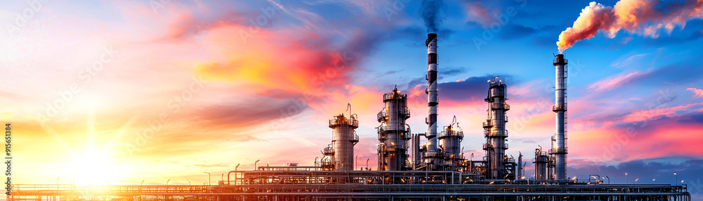 Industrial landscape featuring a refinery against a vibrant sunset, showcasing modern energy production and environmental impact. Industrial landscape featuring a refinery against a vibrant sunset, showcasing modern energy production and environmental impact.