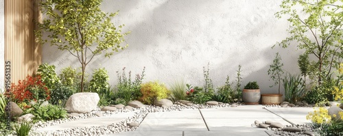 Minimalist Scandinavian garden with white wall, greenery, and rock landscaping photo