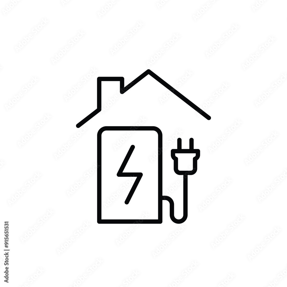 Home charging station icon. Simple outline style. Charging electric vehicle at home, building, house, green energy, technology concept. Thin line symbol. Vector illustration isolated. Home charging station icon. Simple outline style. Charging electric vehicle at home, building, house, green energy, technology concept. Thin line symbol. Vector illustration isolated.