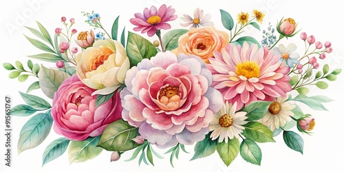 Vibrant watercolor floral arrangement with peonies, roses, and daisies in soft pastel hues, set against a white background, perfect for Mother's Day design elements.